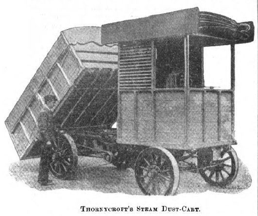 Xe chở rác hơi nước Thornycroft năm 1897 có thùng lật.