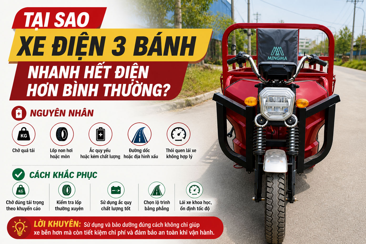 Tại sao pin xe điện 3 bánh nhanh hết điện